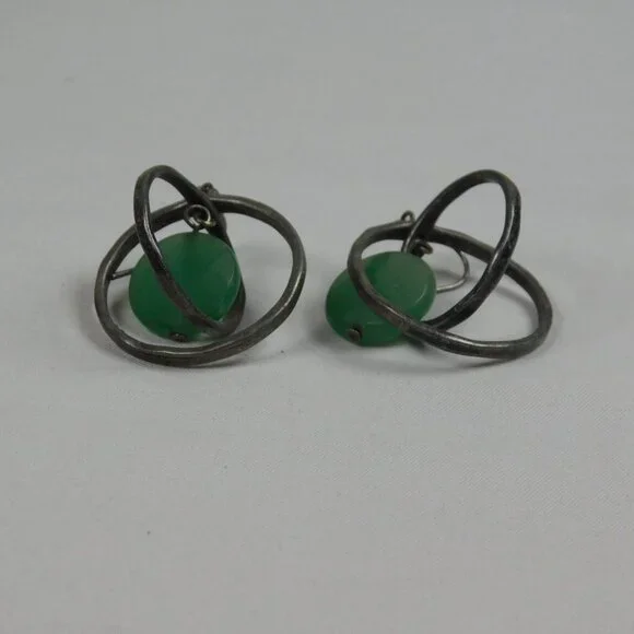 Silver Tone Double Ring Green Bead Dangle Fashion Earrings 1" Diameter Round - Picture 8 of 9